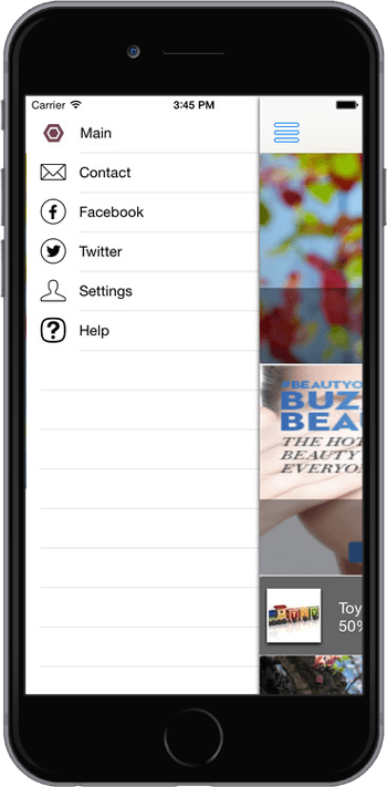 Mobile Konsier shopping app - menu options